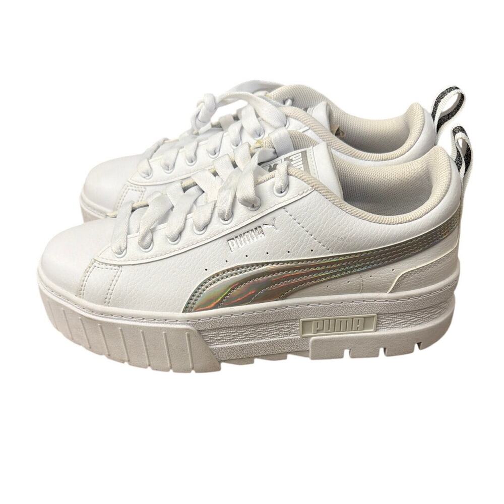 PUMA Mayze Platform Leather Sneakers White Silver Womens Size 6.5 New